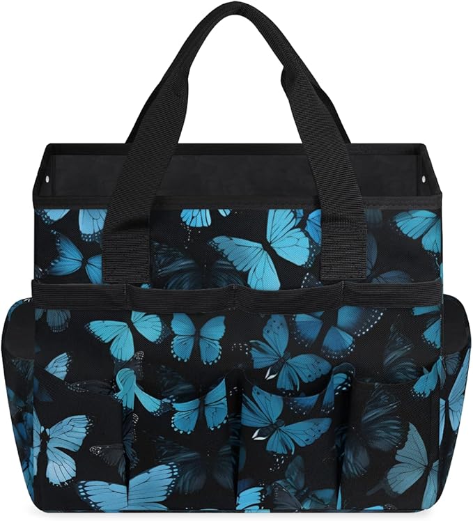 Butterfly Blue Gardening Tool BagHeavy Duty Garden Tote BagPortable Oxford Gardening Storage Basket Organizer Handbag with Pockets HandleHand Tools Gifts for Outdoor Garden Lawn Yard