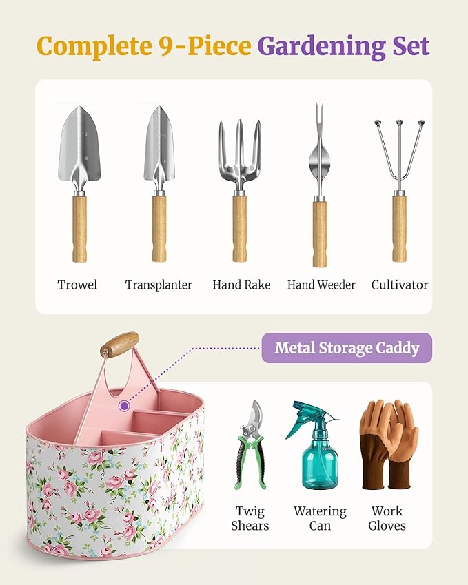 9-Piece Garden Tool Set Heavy-Duty Rust-Resistant Stainless Steel Tools Gardening Kit with Metal Garden Caddy Ideal for Home Garden &amp Gifting (Pink)