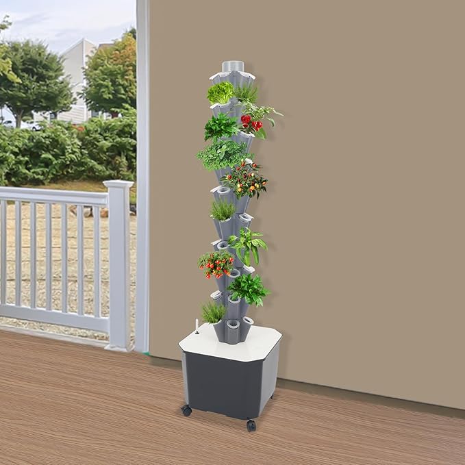 Hydroponic Growing System Kit50-Hole 10-Tier Hydroponics Tower with Automatic Timer WateringAeroponic Tower with Wheelsfor Balcony Home