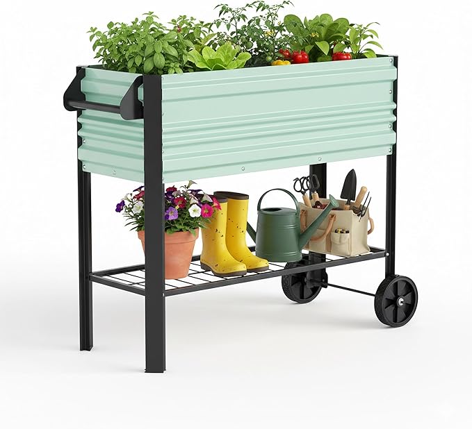 WORKPRO Galvanized Raised Garden Bed with Legs &amp Wheels 37x14.6x31.6in 400LB Capacity Elevated Planter Box for Garden Backyard Patio &amp Deck Light Green