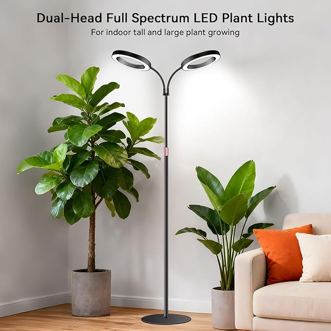 Dual-Head Grow Lights for Indoor Plants Full Spectrum Plant Lights with 23.5-67 Adjustable Height Stand 3 Growing Modes with Timer 3/9/12H Dimmable Halo Grow Lights for Large Tall Plants
