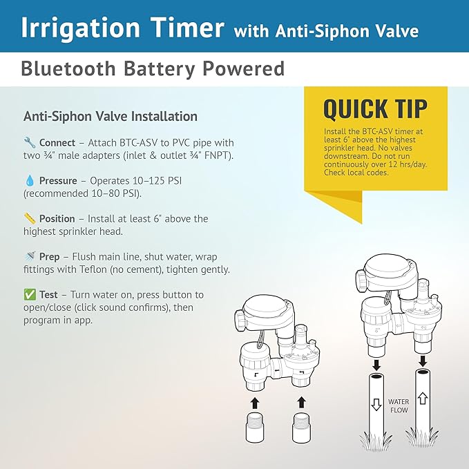 DIG BTC-ASV Bluetooth Battery Powered Weatherproof Wireless Irrigation Controller w/ Anti Siphon Valve - Smart Easy-to-Use Compatible with Residential Drip and Sprinkler Irrigation Systems