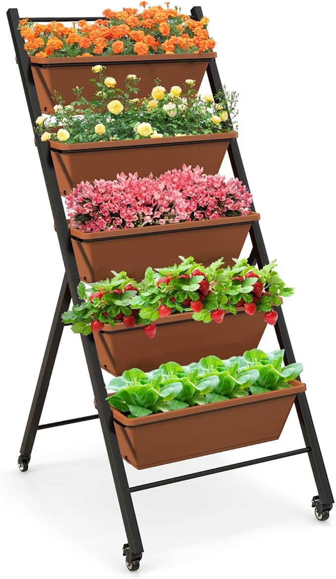 Giantex Vertical Raised Garden Bed on Wheels 5-Tier Elevated Planter Boxes Garden Beds with Drain Hole Freestanding 5 Containers for Herb Vegetables Flowers Growing Indoor Outdoor Patio Balcony