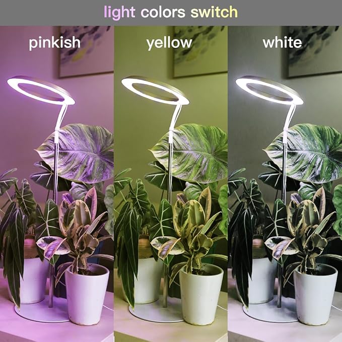 Qux 10” Halo Pro Grow LightFull Spectrum LED Freestanting Plant Grow Lamp with 3 Kind of Light Colors switchover &amp 10-Level DimmableAuto On Off Timing 4/8/12Hrs for Indoor Larger Plants (Gold)