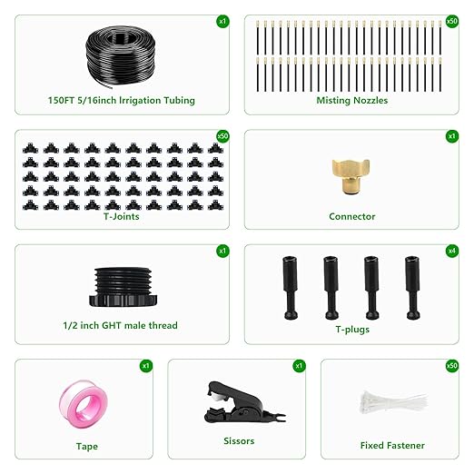 150FT Drip Irrigation System for Garden – Automatic Watering Kit with Solid Brass Metal Connectors 360° Bendable Tubing &amp50 Adjustable Nozzles for Greenhouse Lawn Yard &amp Plants