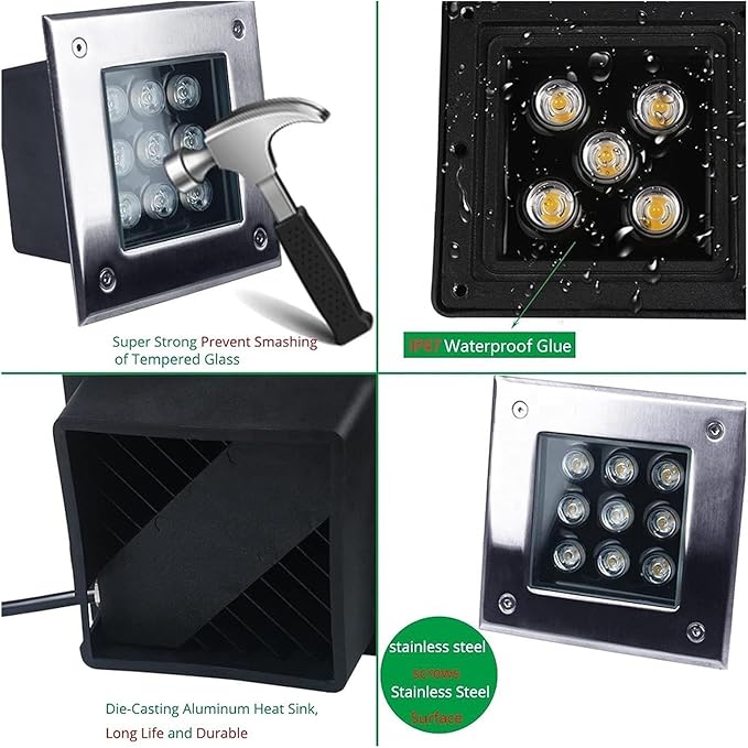Square Outdoor Buried Lights - Garden LED Landscape Lamp IP67 Waterproof Recessed LED Spotlight 12V Low Voltage Led Well Lights for Yard Lawn Patio Pathway Garage Lighting(Green light3 W)