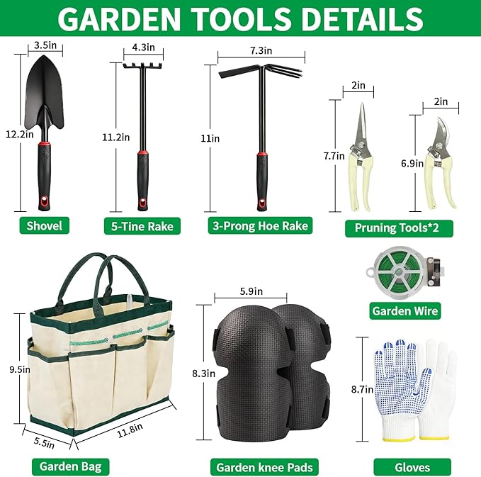 10 Pcs Gardening Tool Set - Heavy Duty Garden Kit with Stainless Steel Pruning Shears Trowel Garden Tool Kneeling Pads Repotting Mat - Garden Tote Ideal Gardening Gifts for Women and Men