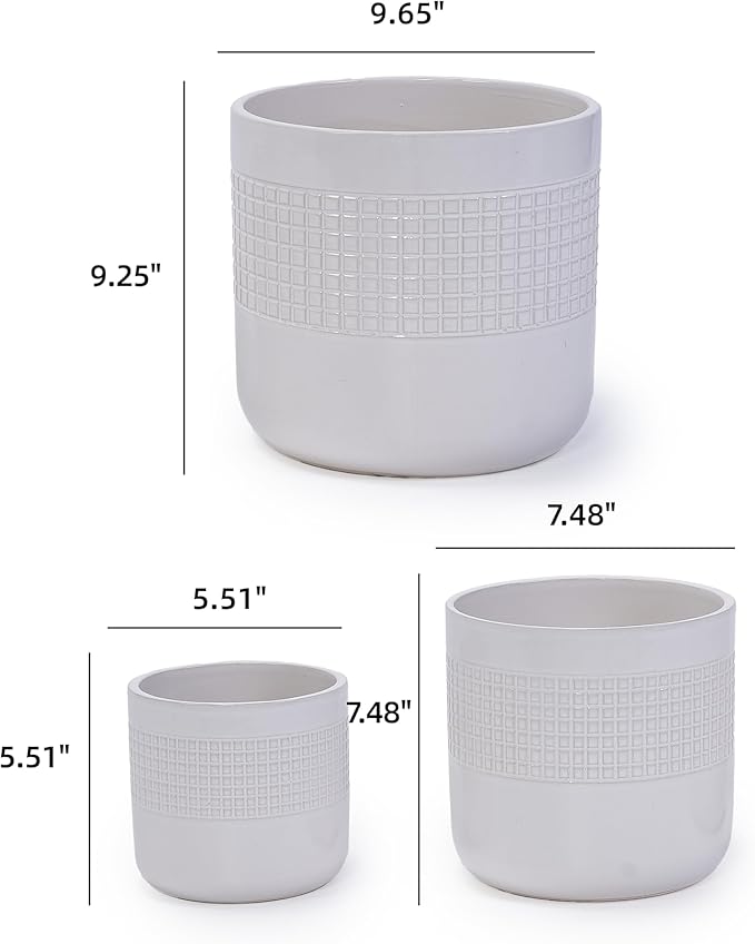 Handmade White Ceramic Planter Set of 3 (5.51 to 9.65) Indoor Outdoor Flower Pots for Succulents Herbs by Window Couchside Breathable Textured Clay