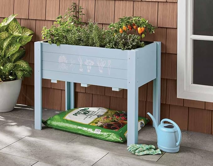 Kids Raised Garden Bed with DIY Chalkboard 30 x 24 x 18 Inch Wooden Elevated Raised Garden Bed for Kids Outdoor Planter Box with Legs for Vegetables Grass Lawn Yard Light Blue