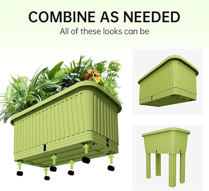3 Pack Garden Planter Box with Transparent Window Outdoor Large Flower Box with Reinforced Support Rods Dual-Channel Drainage System for Vegetables Flowers and Herbs