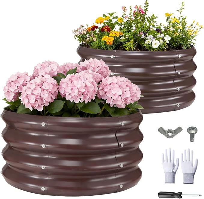 GOOZOO 2PC Galvanized Planter Raised Garden Beds 2x2x1ft Raised Garden Bed Kit for Gardening Outdoor Round Metal Land Planter Box for Vegetables Fruits Flowers（Brown）