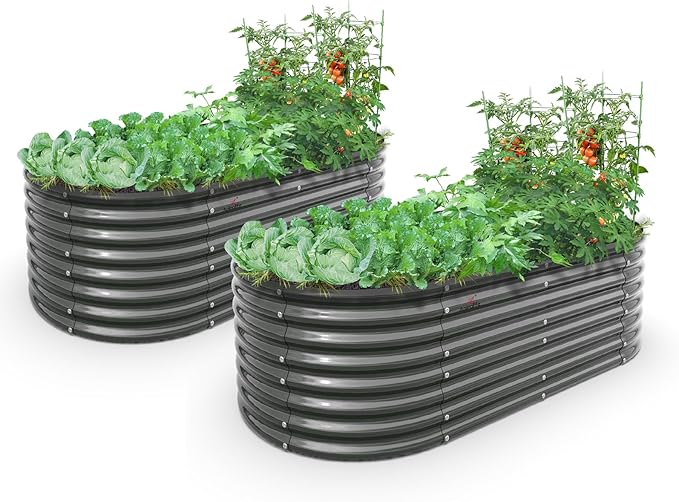 A ANLEOLIFE 6X3X2 ft Galvanized Raised Garden Beds Outdoor-2 Pack Oval Large Metal Deep Root Planter Box for Planting Vegetables Flowers Herb Anti-Rust &amp Easy-Setup Quartz Grey