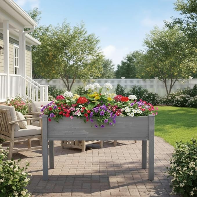 48 x 24 x 30 Inches Raised Garden Bed with Legs Elevated Wooden Planter Box for Outdoor Plants Garden Backyard Patio Balcony - 300lb CapacityGrey
