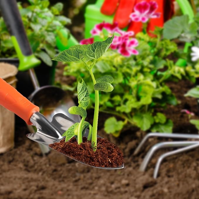 Garden Tool Set with Non-Slip Rubber Handle 3 Pack Stainless Steel Heavy Duty Gardening Tool Set Weed Puller Tool Includes Hand Weeder Transplants Trowel and Cultivator (Orange)