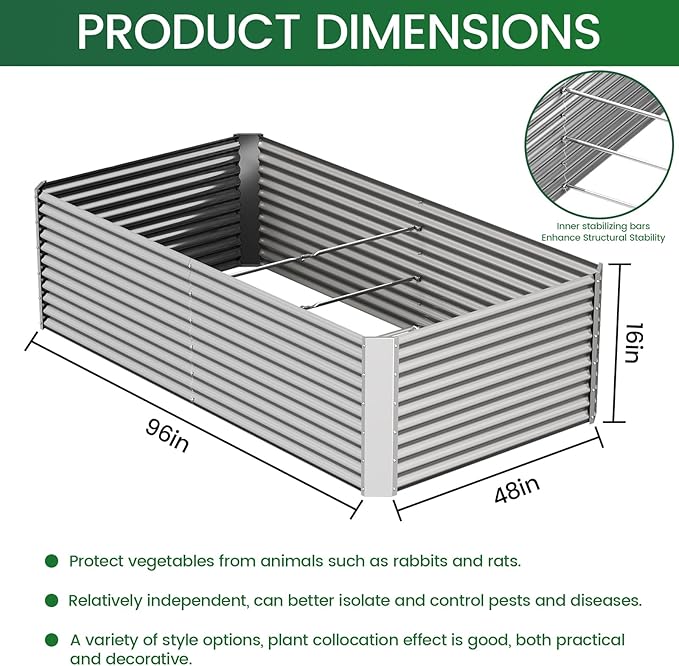 FRIZIONE 2pcs Tall 8x4ft Galvanized Raised Garden Bed OutdoorAbove Ground Garden Bed for VegetableMetal Raised Beds for FlowerSteel Raised Beds for Gardening