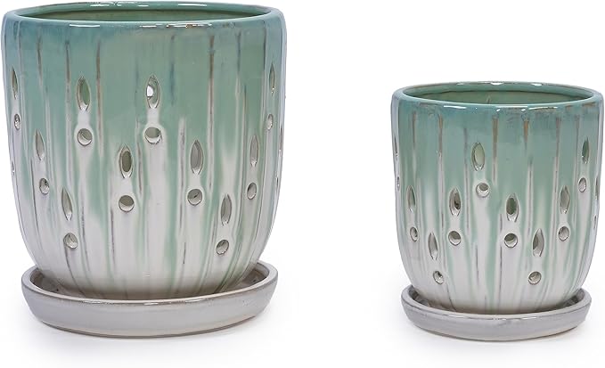 Handmade Green White Gradient Ceramic Planter Set (7.48×5.51 8.07×6.1) Indoor Outdoor Flower Pots for Orchids Succulents by Window Breathable Holes Lightweight