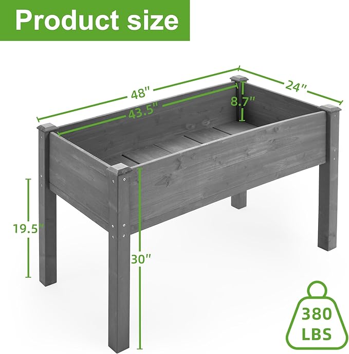 Raised Garden Beds Outdoor with Legs for Gardening 48 Wooden Raised Elevated Planter Garden Box Stand with Liner Standing Growing Bed for Patio Balcony 380lbs Capacity Grey