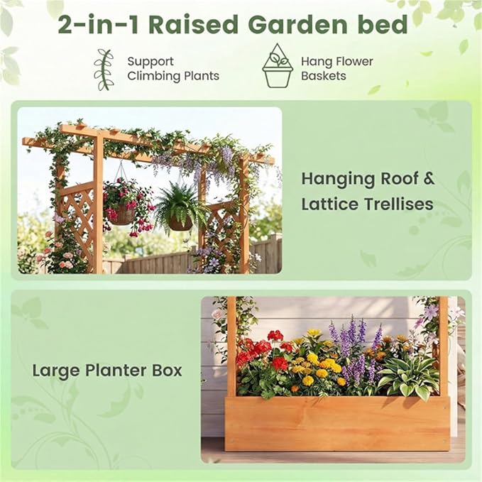 Fir Wood Raised Garden Bed with Side Trellis 109.22×35.56×114.30 cm Planter Box with Drainage Holes-Orange