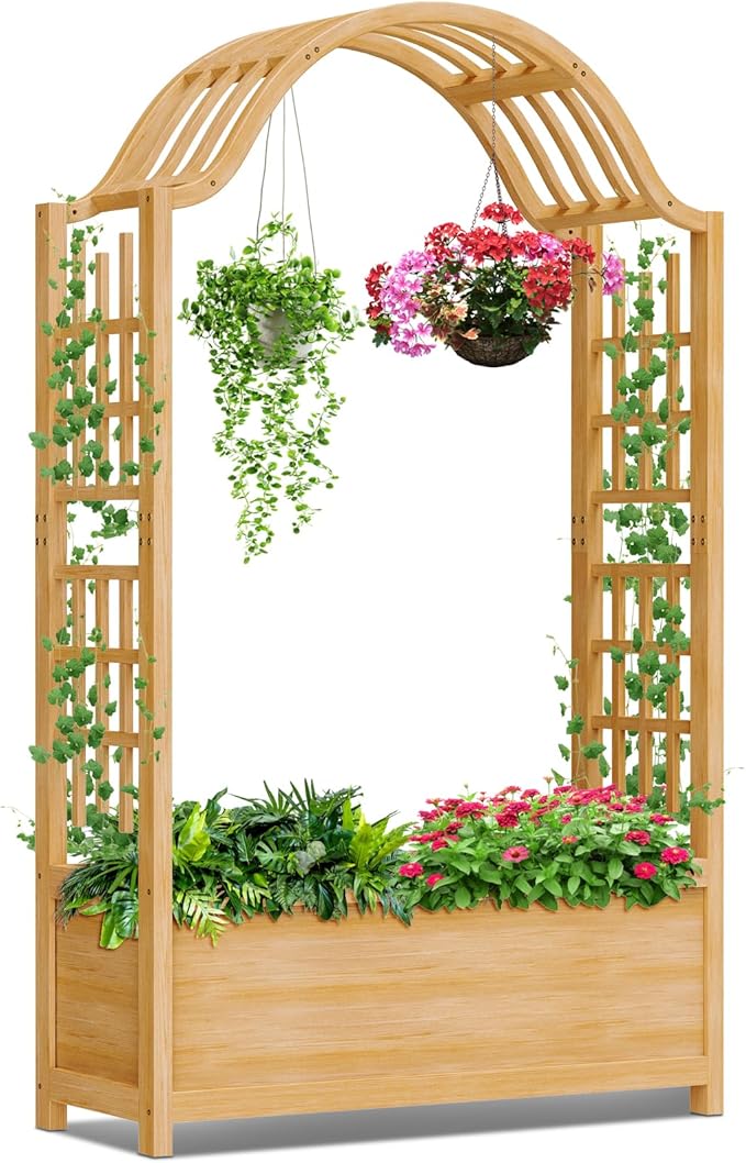DoCred Raised Garden Bed with Trellis Freestanding Wood Planter Box with Hanging Roof Side Trellis Above Ground Elevated Garden Bed Outdoor Planter with Arch Trellis for Climbing Plants Vines Patio
