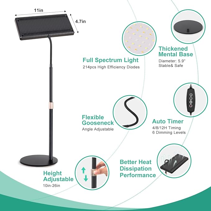 LBW Desk Grow Light Full Spectrum Plant Light for Indoor Plants Grow Lamps with 4/8/12H Timer 10-26 Height Adjustable 6 Brightness Levels