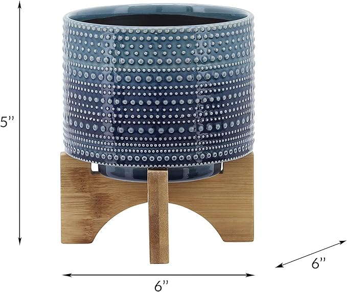 5 Dotted Planter W Wood Stand Blue