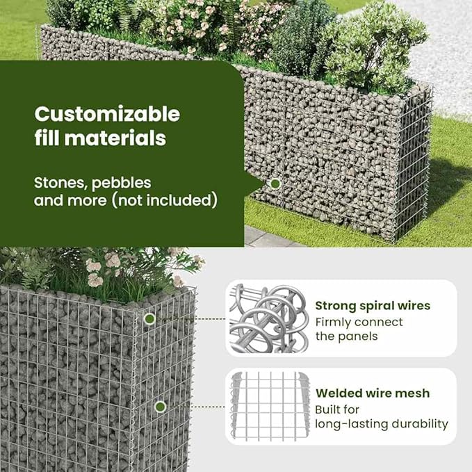 vidaXL Rectangular Gabion Raised Bed in Galvanized Steel - Sturdy and Durable Flower or Plant Bed - Weather- and Proof - Large Size