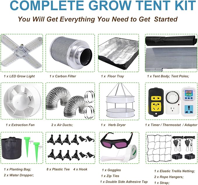 Grow Tent Kit Complete 2.7x2.7 ft High Reflective Mylar Hydroponics Indoor Plant Growing Tent with LED Grow Light Ventilaion Fan Growing System+Accesseries (32 x 32 x 63 + Carbon Filter)