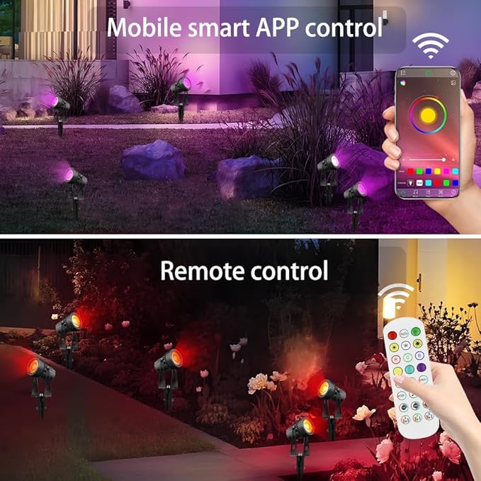 Smart Landscape Lighting COB Low Voltage Landscape Lights RGB Warm White LED Bluetooth Spotlights APP Control 12V 18W Outdoor Yard Spot Lights with Spike Stand Waterproof Garden Light Music Sync