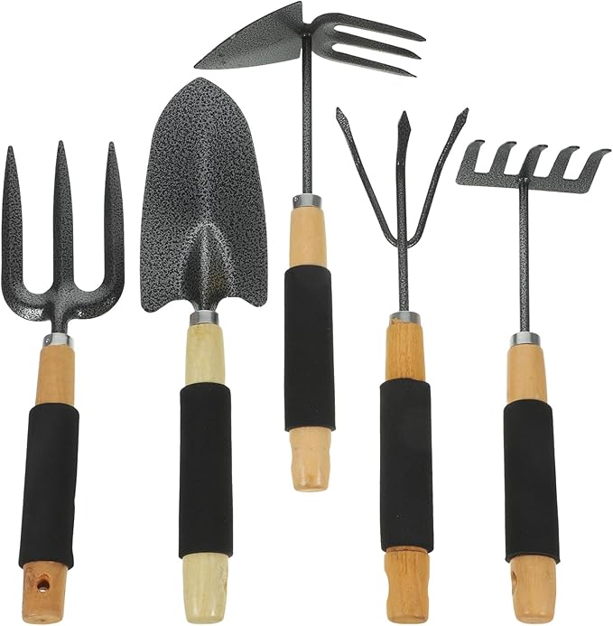 ARTIBETTER Garden Tools Set 5pcs with Wood Handles Small Gardening Tool Kit Including Shovel Five-Tine Rake Three-Prong Cultivator and Dual-Head Hoe for Planting and Lawn Care