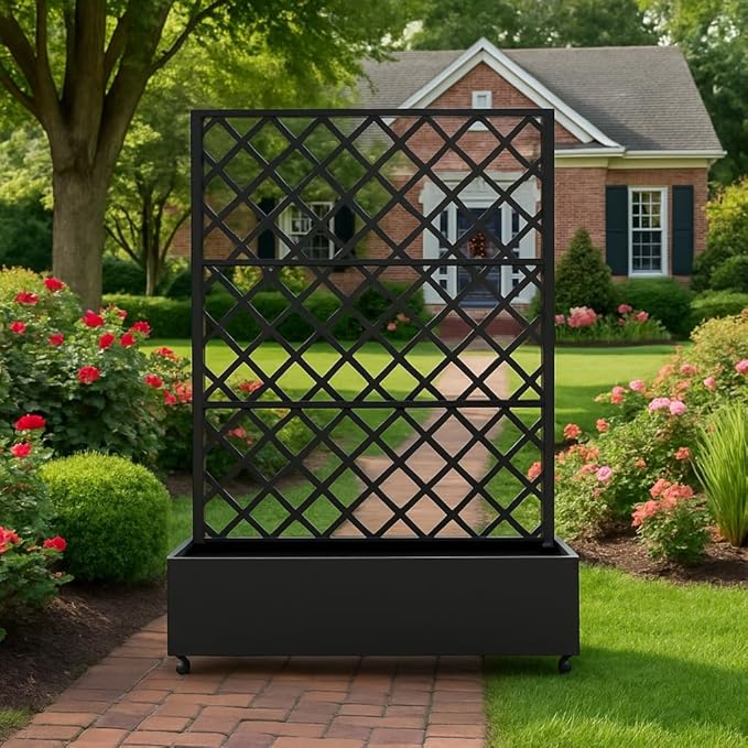 GAOMON Metal Planter Box with Diamond Lattice Trellis &amp Wheels Raised Garden Bed w/Privacy Screen &amp Drainage Hole for Climbing Plants Flower &amp Vine (72 in x35 in Black)
