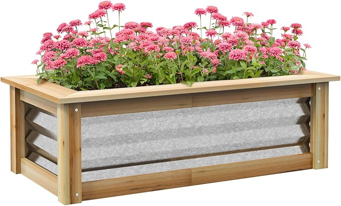 Raised Garden Bed Kit - Reinforced Metal &amp Wood Planter for Flowers Herbs &amp Vegetables