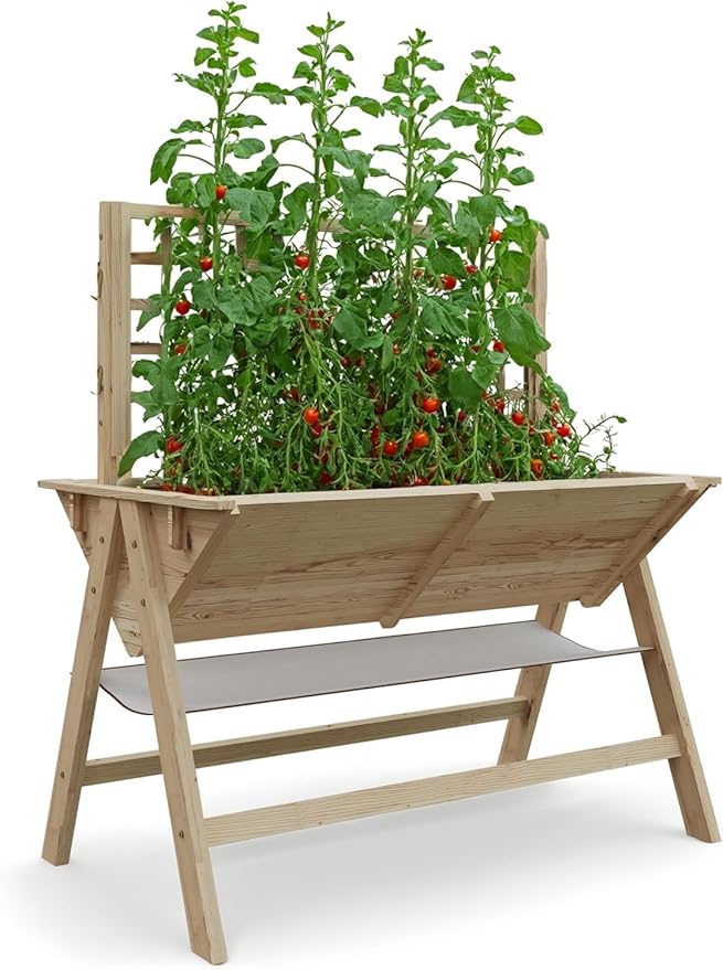 Large Wooden Raised Garden Bed with Trellis &amp Storage Shelf Tall Elevated Planter Box with Legs Extra Deep Standing Planter with Drainage Holes for Outdoor Vegetables Flowers &amp Herbs Natur