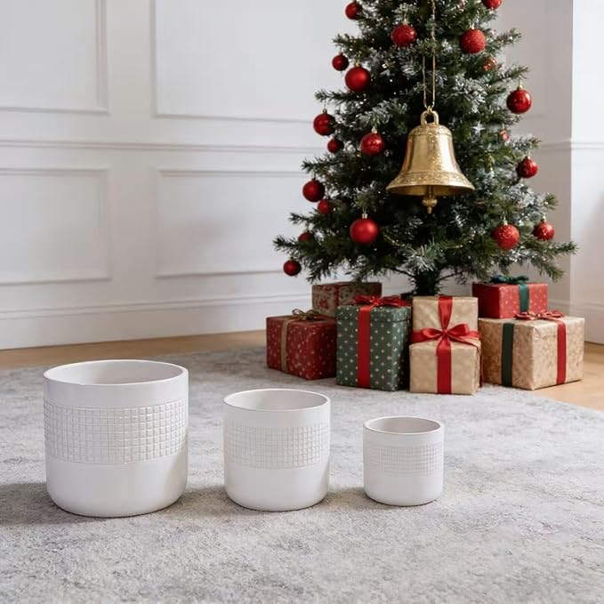 Handmade White Ceramic Planter Set of 3 (5.51 to 9.65) Indoor Outdoor Flower Pots for Succulents Herbs by Window Couchside Breathable Textured Clay