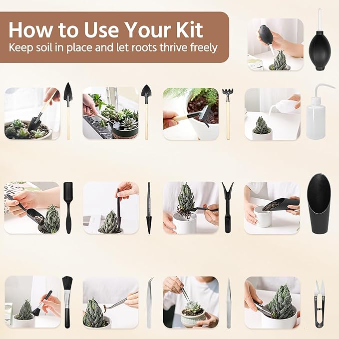 LASZOLA 45 pcs Repotting Set with Potting Mat Tiny Tools for Indoor Plants Succulents Gardening Bag Kit with Waterproof Tray and Mini Tools Ideal for Soil Replacement Seedling Transplanting Yellow