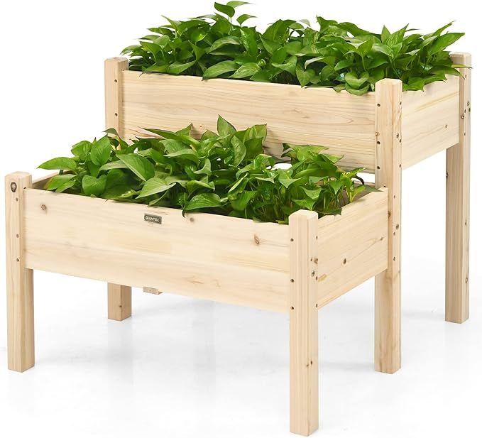 Giantex Set of 2 Raised Garden Bed Elevated Wood Planter Box Raised Bed Kit for Flowers Vegetables Fruits Herbs Outdoor Planting Container Patio Balcony Yard (Natural)
