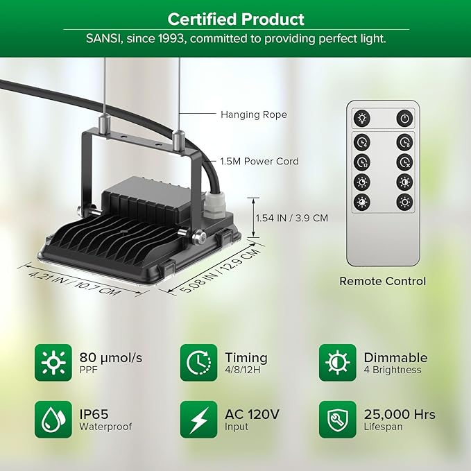 SANSI Dimmable LED Grow Light 3000K 5000K 660nm 730nm Full Spectrum 45W (340W Equiv.) with Remote Auto On Off Timing 4 8 12 Hrs IP65 Waterproof Plant Light