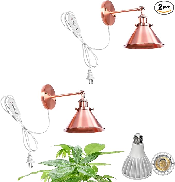 2-Pack Hook Type Wall Mounted Plant Light Full Spectrum 25W 6000K White Light Vintage Red Bronze Metal Adjusted Angle Timing Wall Lamps for Plants Flowers Indoor Growing