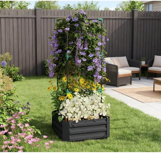 Heavy-Duty Galvanized Steel Raised Garden Bed with Built-in Trellis Support for Climbing Plants and Vegetables (Dark Gray + Steel)