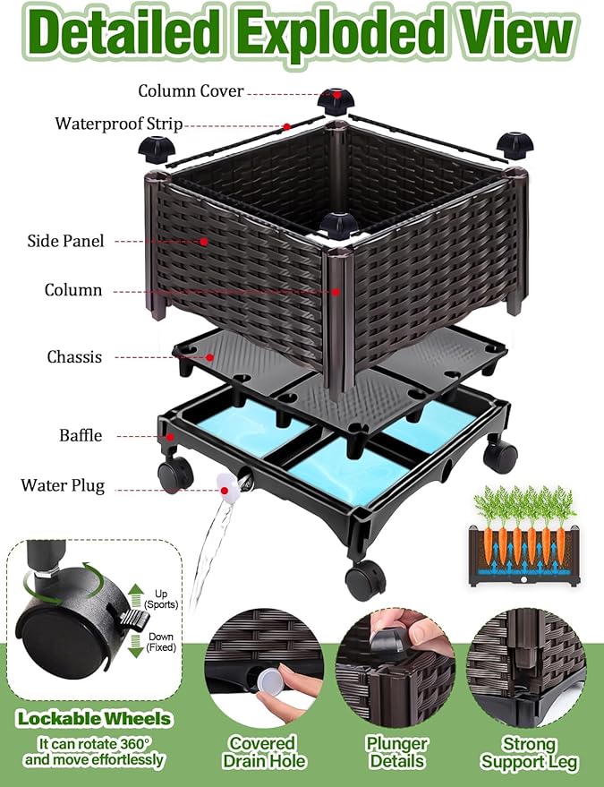Kalolary 170CM Raised Garden Bed with Metal Trellis Large Plastic Planter Box with Drainage Hole on Wheels Tomato Planters Climbing Trellis Outdoor Indoor for Climbing Plants Vegetable Flowers Vine
