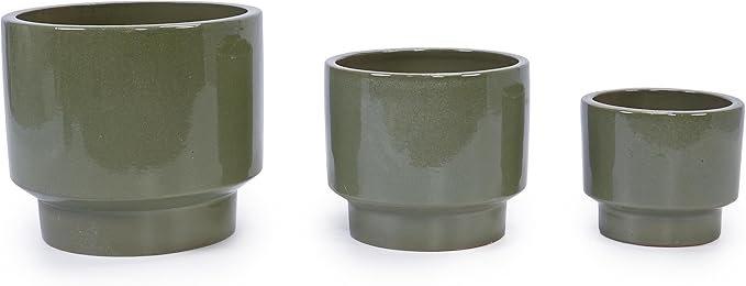 Handmade Solid Glaze Ceramic Planter Set of 3 15129 Inch Diameter for Succulents Flowers Outdoor G Indoor Staircase Use Breathable Porous Clay Earthy Green