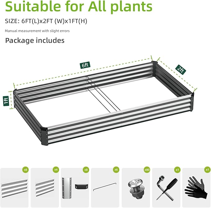 2PCS 6x2x1 FT Rectangle Metal Raised Garden Bed Kit Elevated Garden Planter Box Outdoor Large Planters for Outdoor Plants Flower Vegetables Fruit Herbs (Silver)