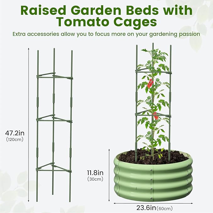 3 Pcs 2x2x1ft Round Galvanized Raised Garden Bed Kit with Tomato Cages Metal Planter Box Outdoor Raised Garden Beds for Gardening Vegetables Flowers Green