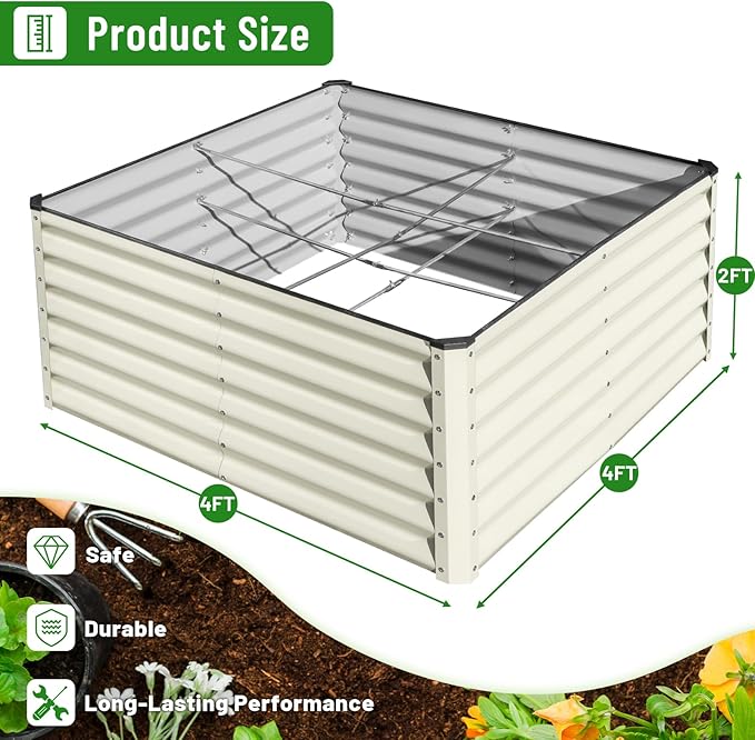 SnugNiture Galvanized Raised Garden Bed 4x4x2FT Outdoor Large Metal Planter Box Steel Kit for Planting Vegetables Flowers Beige White