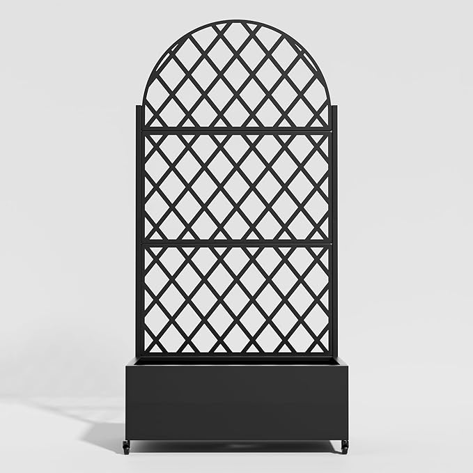 Casaphoria Metal Raised Garden Bed with Trellis and Wheels 72x35x16 Planter Box for Climbing Plants Vegetables &amp Vines Features Drainage Holes and Privacy Screen (Black-Rhombus)