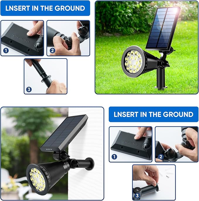 KEV 800 Lumens Solar Spot Lights Outdoor4 Pack 18 LEDs Solar Flood Lights with 2 Modes &ampAdjustable &ampIPX65 WaterproofSolar Spotlight for Driveway/Backyard/Patio Landscape/Tree/Garage(Warm Whi