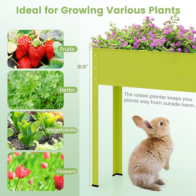 Giantex Raised Garden Bed Metal Planter Box with Legs Drain Hole Outdoor Indoor Elevated Garden Box for Vegetable Flower Herb Fruit Standing Raised Beds for Backyard Porch Balcony Green
