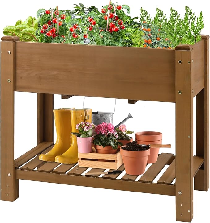 PetsCosset Raised Garden Bed Wooden Elevated Planter Box with Legs Protective Liner Reinforced for Vegetables Herbs Flowers for Outdoor Patio Backyard Balcony Gardening (33.46 X 17.9 X 29.72 inches)