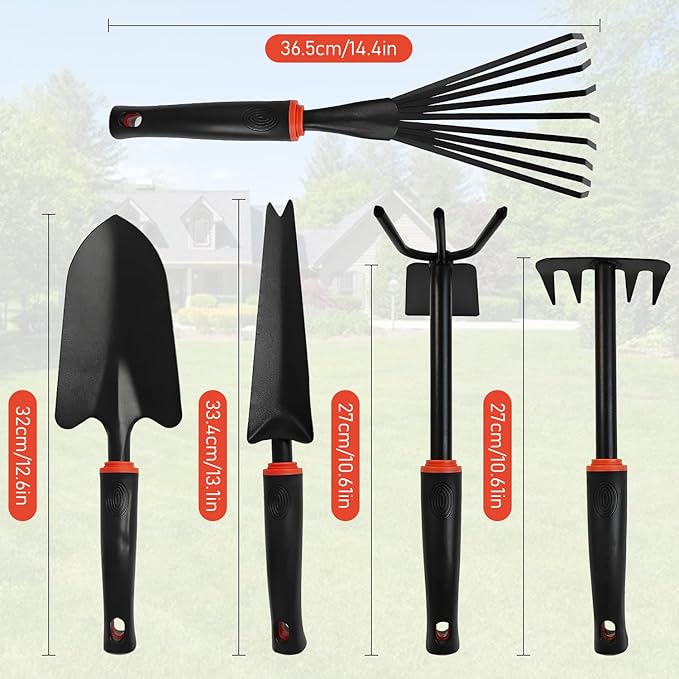 FR 5-Piece Garden Tool Set – Heavy Duty Hand Weeder Kit with Trowel Cultivator &amp Rake – Ergonomic Manual Gardening Tools for Digging Planting &amp Weed Removal in Lawn &amp Flower Beds
