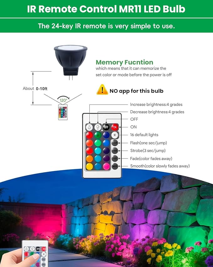 RGB MR11 LED Bulbs Color Changing GU4 Bi-pin Base Warm White+15 Multicolors and 4-Level Brightness on Remote Control 12V MR11 Halogen Bulb Replacement