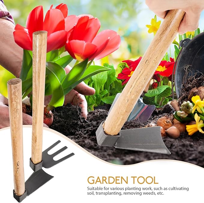 2pcs Gardening Tool Set Wooden Handle Digging Hoe and Steel Rake for Soil Loosening and Weeding in Garden and Vegetable Beds
